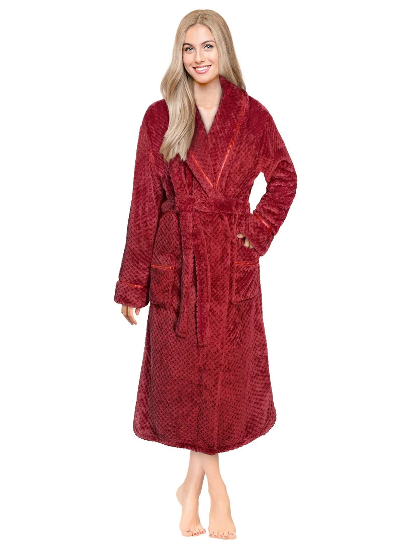 Pavilia Waffle Textured Satin Trim Fleece Women's Robe