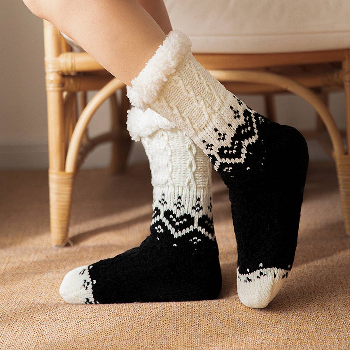 ACCITY Knit with Hearts Plush Sherpa Lined Slipper Socks