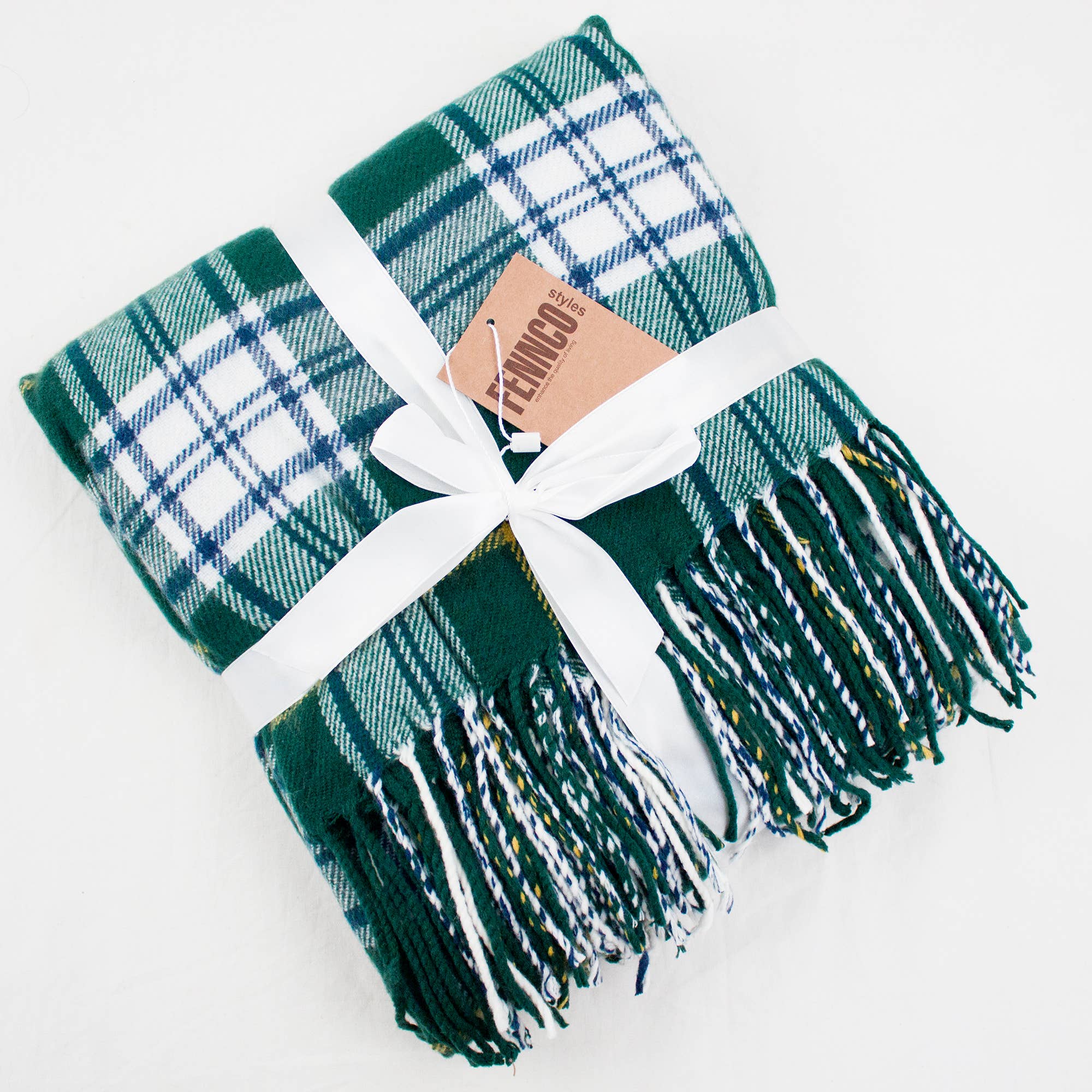 Fennco Styles Classic Plaid with Tassel Trim Throw Blanket / Green & White Mix