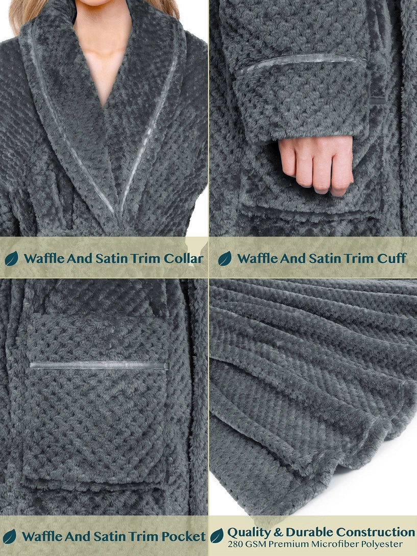Pavilia Waffle Textured Satin Trim Fleece Women's Robe
