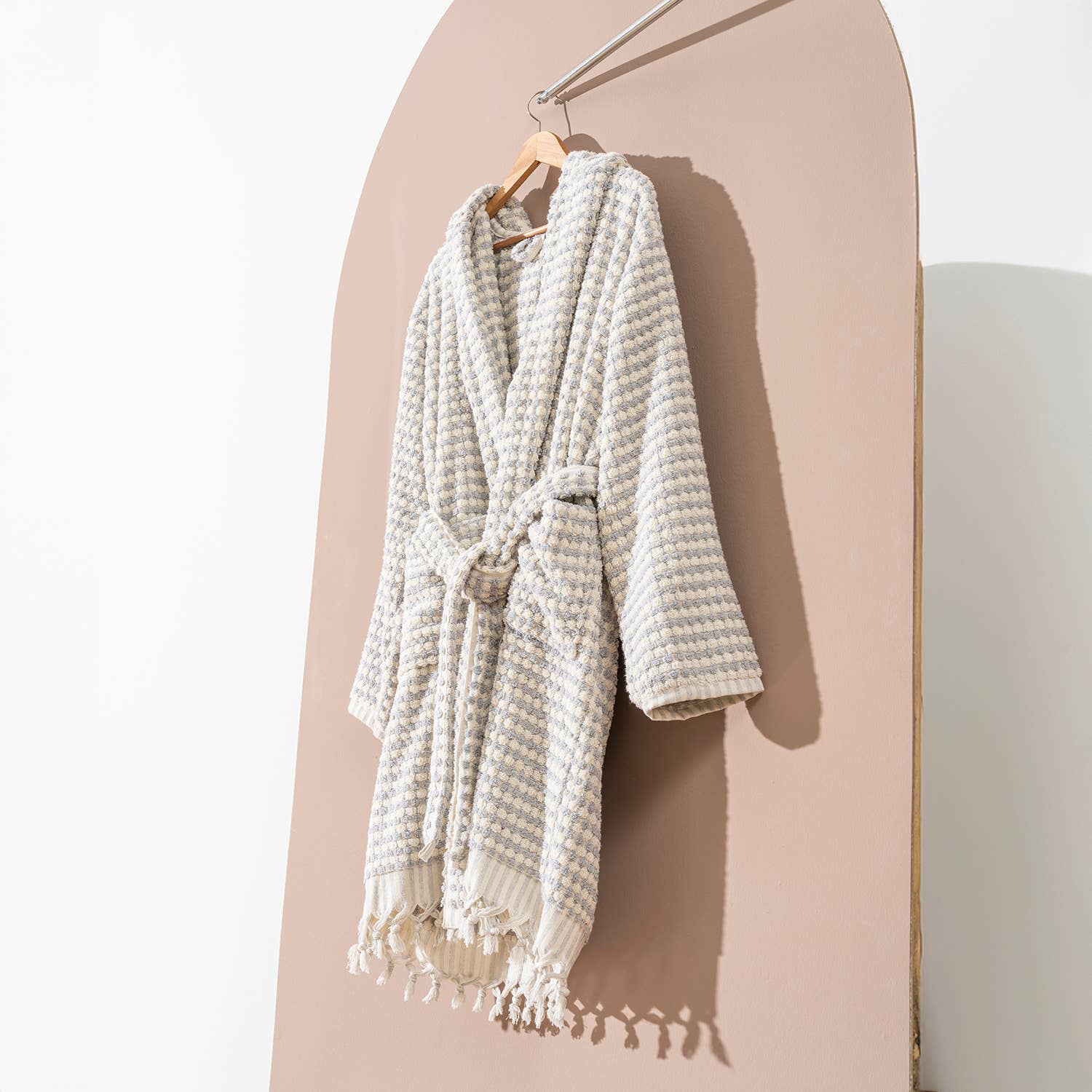 Kikoya Hand Loomed Women's Turkish Cotton Robe / Light Gray & Cream