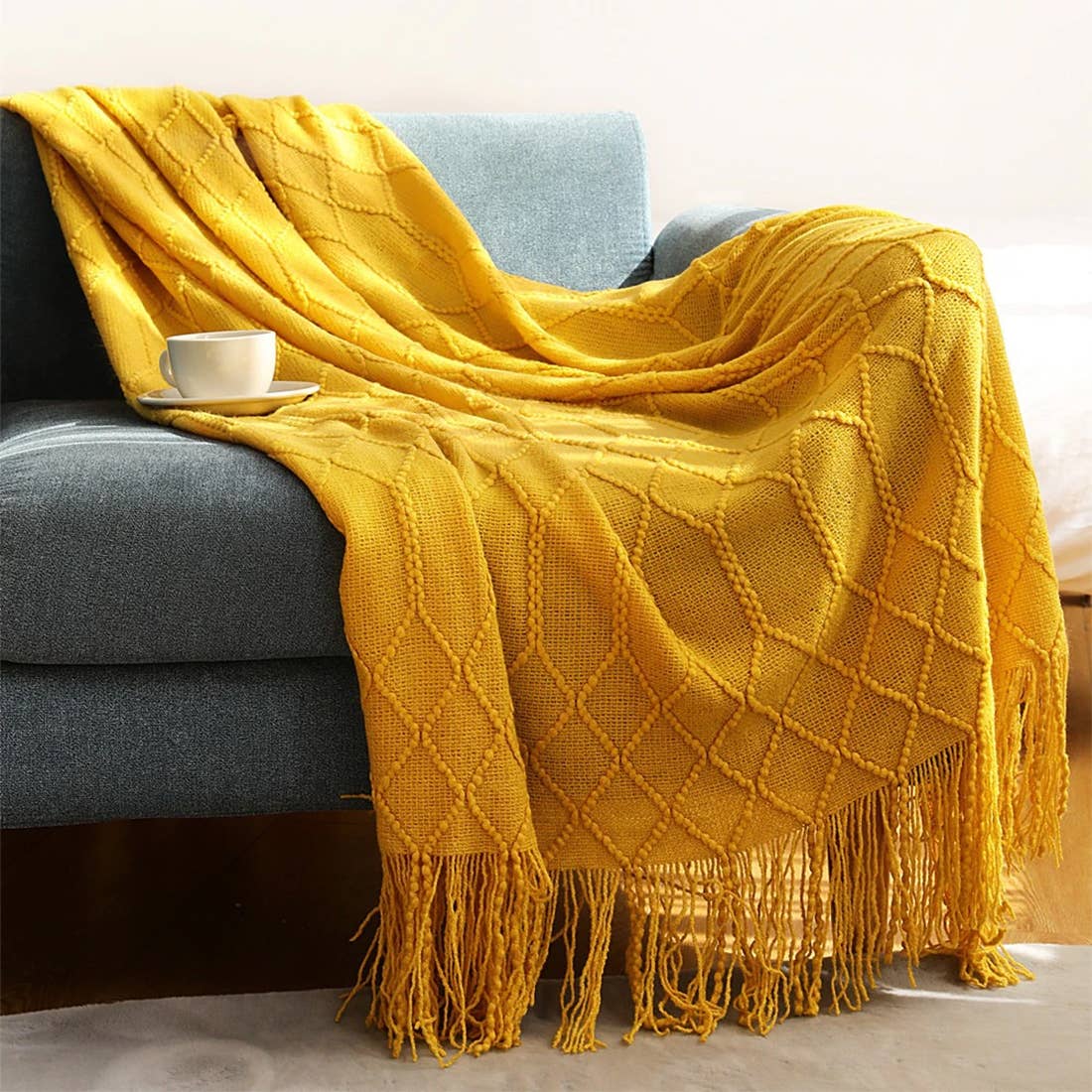 Fennco Styles Rhombus Diamond Knit with Tassel Trim Throw Blanket