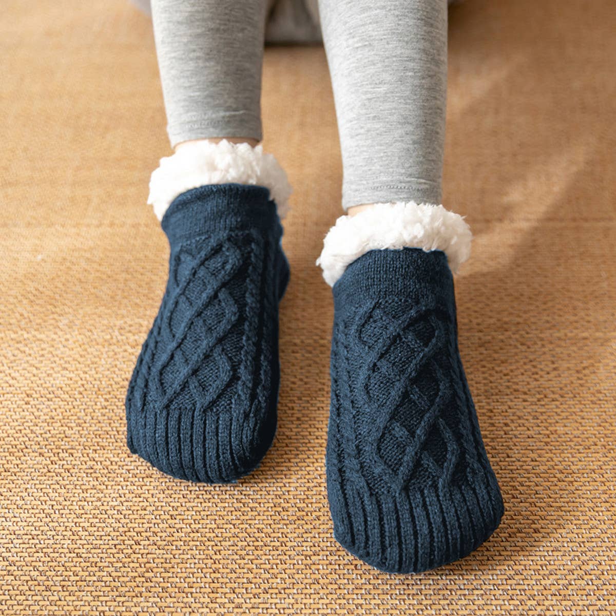 ACCITY Knit Solid Color Plush Sherpa Lined Ankle Slipper Socks