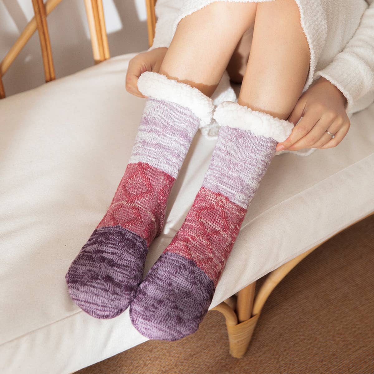 ACCITY Knit Patchwork Color Plush Sherpa Lined Slipper Socks