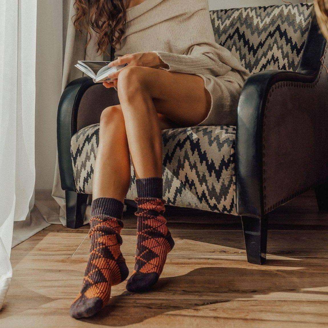 Nordic Wools Vagn Argyle Merino Wool Blend Unisex Socks / Haze & Burnt Orange